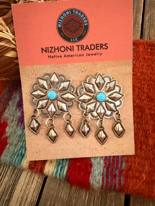 Handcrafted Old Pawn Turquoise and Sterling Silver Concho Dangle Earrings