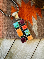 Navajo Electric Rainbow Turquoise, Spiny & Sterling Silver Cluster Pendant by Angela Martin