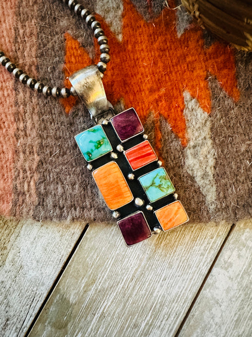 Navajo Electric Rainbow Turquoise, Spiny & Sterling Silver Cluster Pendant by Angela Martin