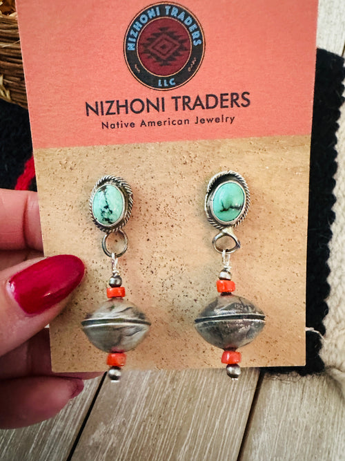 Handcrafted Turquoise, Coral & Sterling Silver Beaded Dangle Earrings