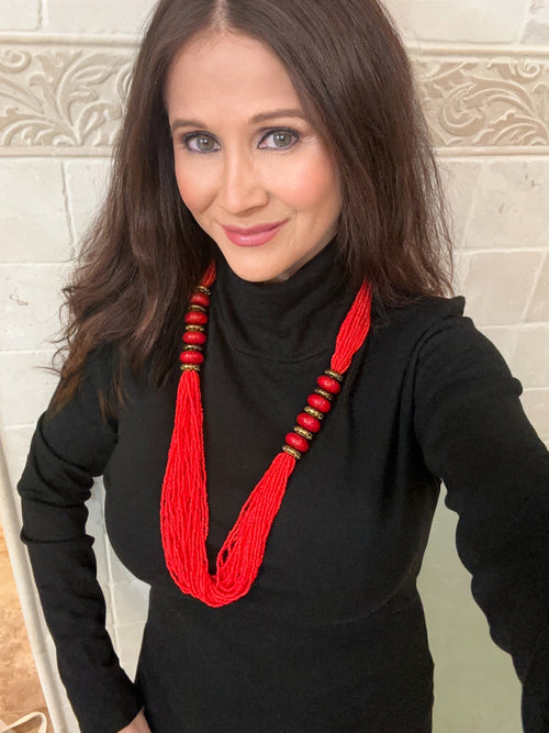 Red Beaded Strand Necklace