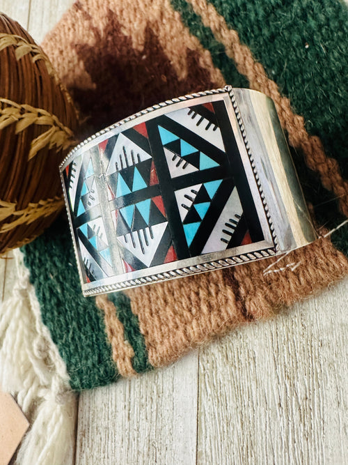 Old Pawn Zuni Multi Stone & Sterling Silver Inlay Cuff Bracelet
