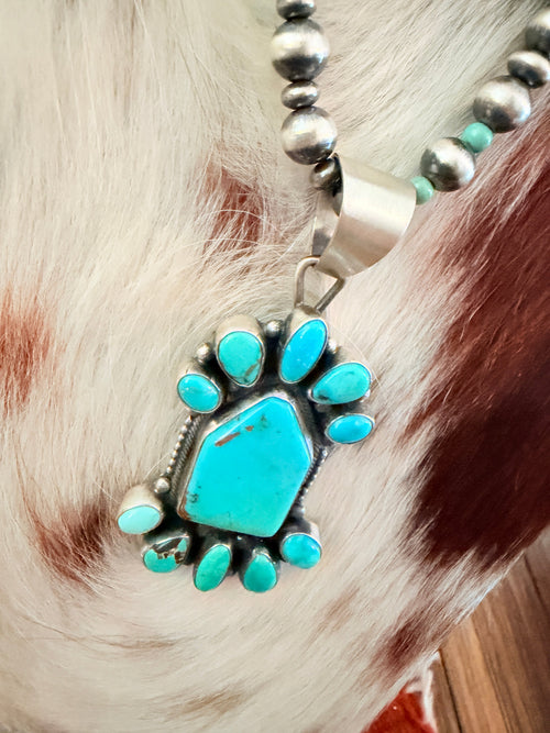 Handcrafted Turquoise & Sterling Silver Cluster Beaded Necklace by Sheila Becenti
