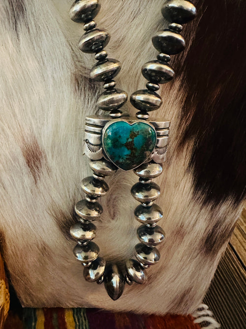 Handcrafted Turquoise & Sterling Silver Beaded Double Sided Jacla Necklace