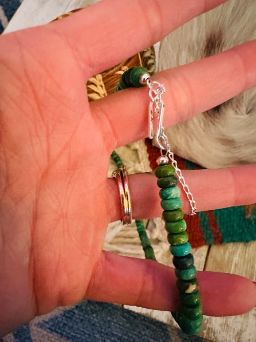 Handcrafted Green Turquoise & Sterling Silver Beaded Necklace 17”