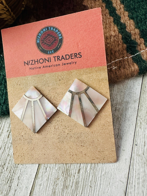 Old Pawn Zuni Mother of Pearl & Sterling Silver Inlay Earrings
