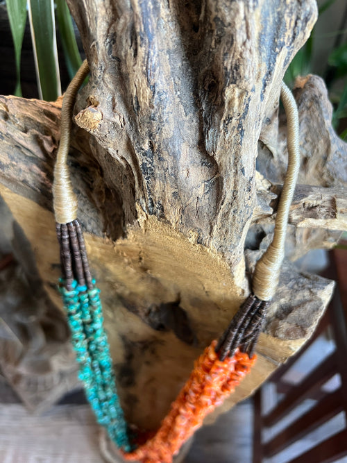 Gorgeous Santo Domingo Made Eight Strand Spiny Oyster and Turquoise Beaded Squaw Wrap Necklace by Daniel Coriz