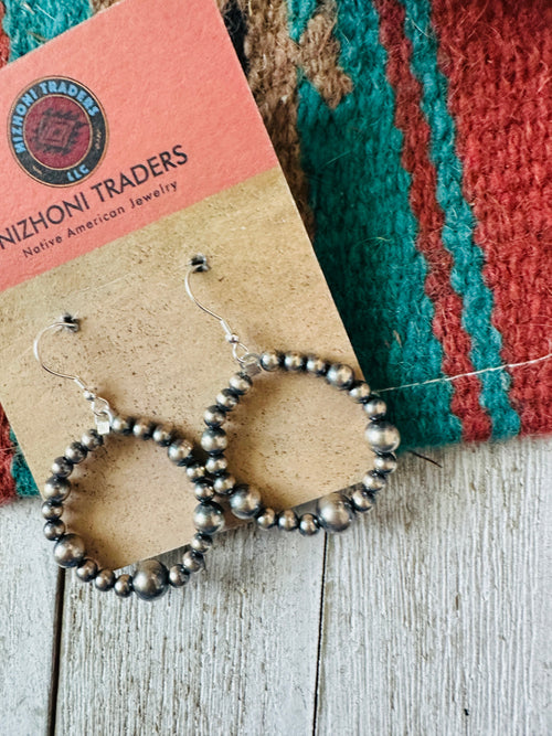 Navajo Sterling Silver Pearl Beaded Dangle Hoop Earrings