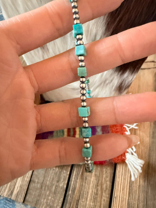 Handcrafted Turquoise & 3mm Sterling Silver 16” Beaded Necklace