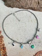 Handmade Sterling Silver Spring Collection: Sonoran Mountain with Cotton Candy and White Buffalo Beaded Necklace "Signed Nizhoni"
