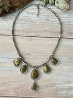 Handmade Sterling Silver Royston Ribbon Turquoise Beaded Necklace with Signed Nizhoni