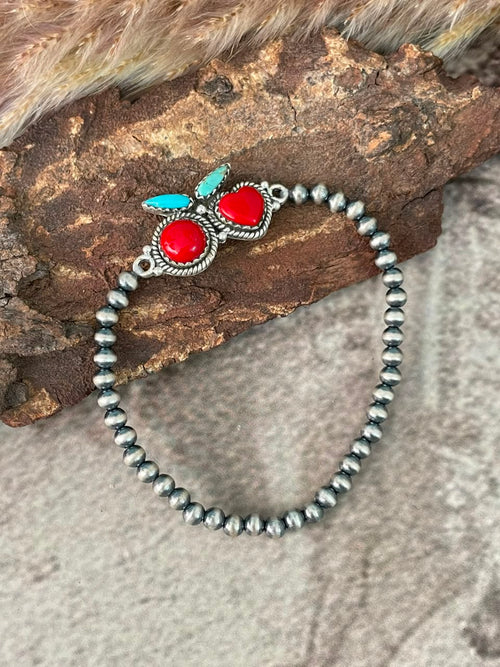 Handmade Sterling Silver Rosarita with Kingman Turquoise Cherry Stretchy Beaded Bracelet Signed Nizhoni