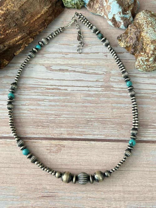 Handmade Sterling Silver Kingman Turquoise Beaded Necklace with Signed Nizhoni (8)