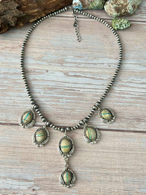 Handmade Sterling Silver Royston Ribbon Turquoise Beaded Necklace with Signed Nizhoni