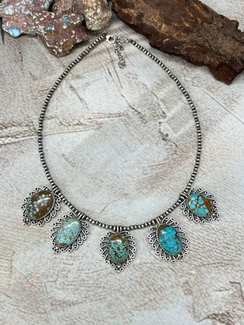 Handmade Sterling Silver Number 8 Turquoise Beaded Necklace with Signed Nizhoni
