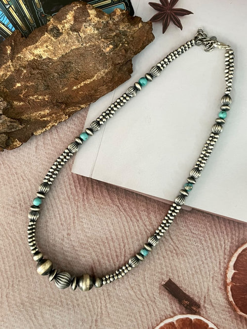 Handmade Sterling Silver Kingman Turquoise Beaded Necklace Signed Nizhoni