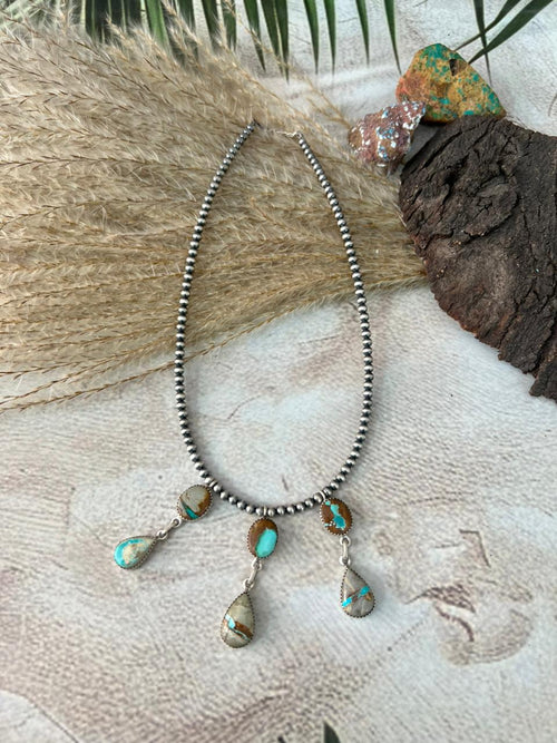 Handmade Sterling Silver Royston Ribbon Turquoise Beaded Necklace "Signed Nizhoni"