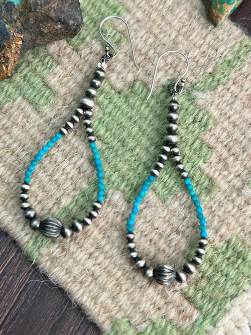 Handmade Sterling Silver Kingman Turquoise Hook Beaded Earrings
