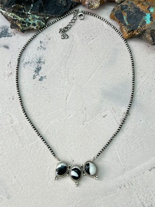 Handmade Sterling Silver White Buffalo Beaded Necklace "Signed Nizhoni"