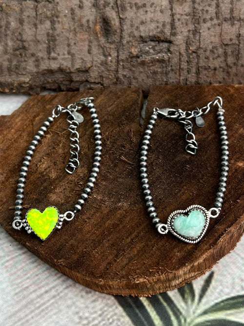 Handmade Sterling Silver Beaded Neon Opal, Variscite Chain Bracelet "Signed Nizhoni"