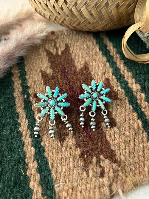 Handmade Sterling Silver Kingman Turquoise Beaded Post Dangle Earrings Signed Nizhoni