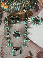 Handmade Sterling Silver Kingman Turquoise with Black Onyx Halloween Collection: Beaded Squash Blossom Necklace, Earrings, Ring and Bangle Set Signed Nizhoni