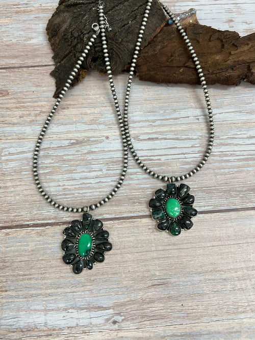 Handmade Sterling Silver Emerald Rose Beaded Necklace with Signed Nizhoni