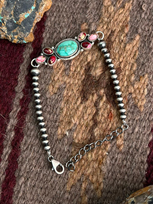 Handmade Sterling Silver Dahlia Rose with Emerald Valley Turquoise Beaded Bracelet "Signed Nizhoni"