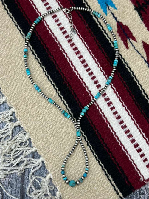 Handmade Sterling Silver Kingman Turquoise Beaded Necklace with Signed Nizhoni