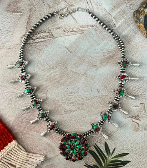 Handmade Sterling Silver Christmas Dahlia Collection: Beaded Squash Blossom Necklace Signed Nizhoni