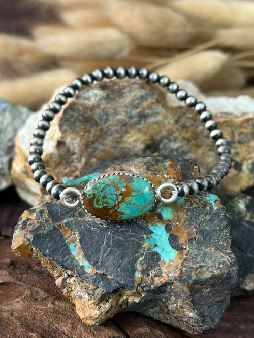 Handmade Sterling Silver Royston Ribbon Turquoise Stretchy Beaded Bracelet Signed Nizhoni