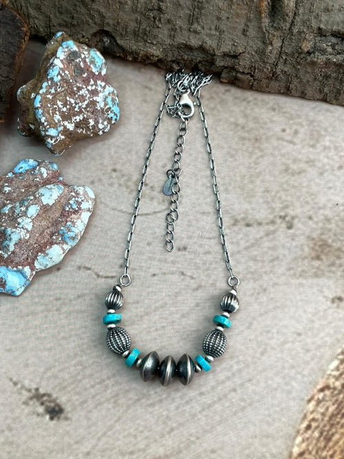 Handmade Sterling Silver Kingman Turquoise Beaded Necklace t ok with Signed Nizhoni