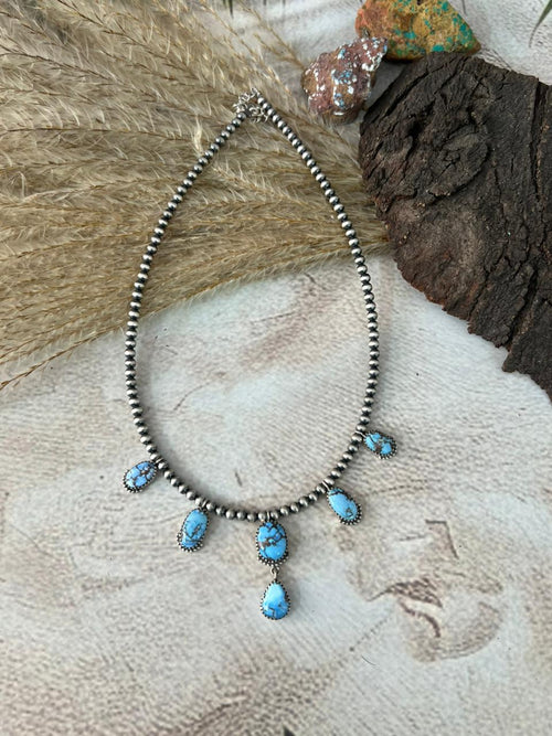 Handmade Sterling Silver Golden Hills Turquoise Beaded Necklace "Signed Nizhoni"