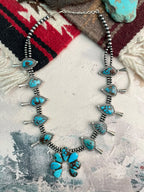 Handmade Sterling Silver Egyptian Turquoise Naja Squash Blossom Beaded Necklace Signed Nizhoni