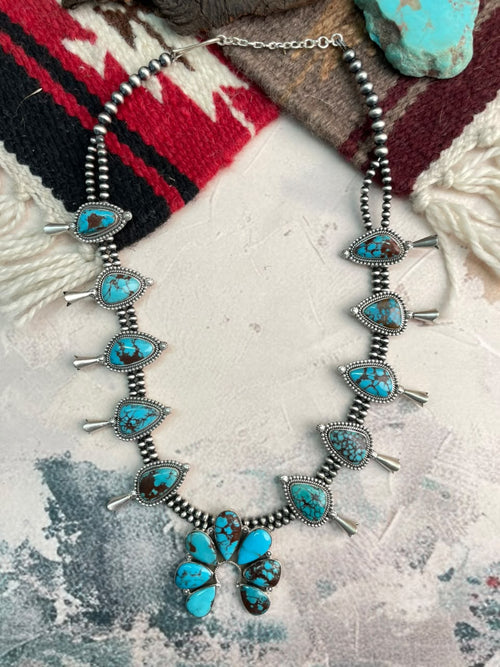 Handmade Sterling Silver Egyptian Turquoise Naja Squash Blossom Beaded Necklace Signed Nizhoni