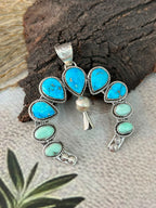 Handmade Sterling Silver Paloma with White Water Turquoise Naja Squash Blossom Pendant Signed Nizhoni