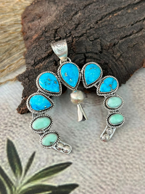 Handmade Sterling Silver Paloma with White Water Turquoise Naja Squash Blossom Pendant Signed Nizhoni