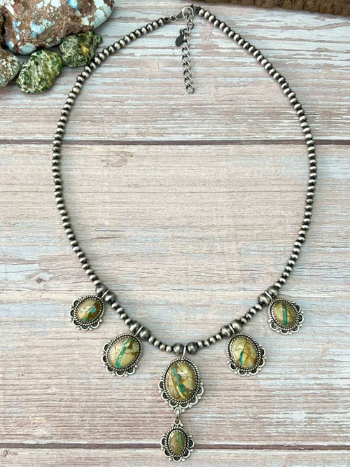 Handmade Sterling Silver Royston Ribbon Turquoise Beaded Necklace with Signed Nizhoni