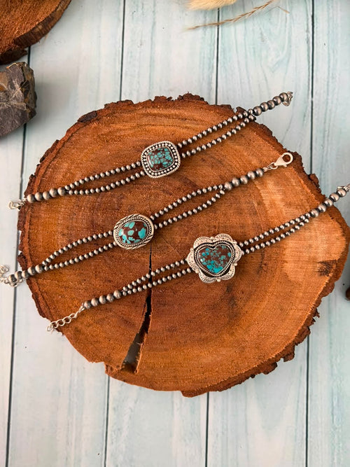 Handmade Sterling Silver Egyptian Turquoise Collection: Beaded Chain Bracelet Signed Nizhoni