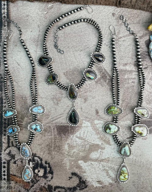 Handmade Sterling Silver Golden Hills Turquoise, Blackjack, Palomino Turquoise Beaded Necklace "Signed Nizhoni"