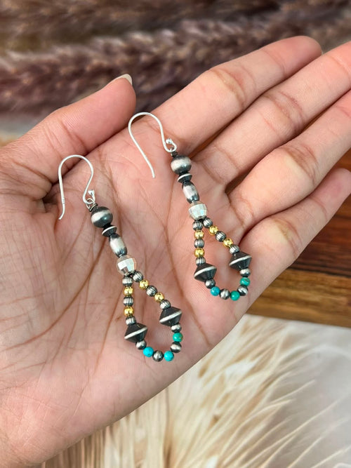 Handmade Sterling Silver Kingman Turquoise Beaded Hook Dangle Earrings
