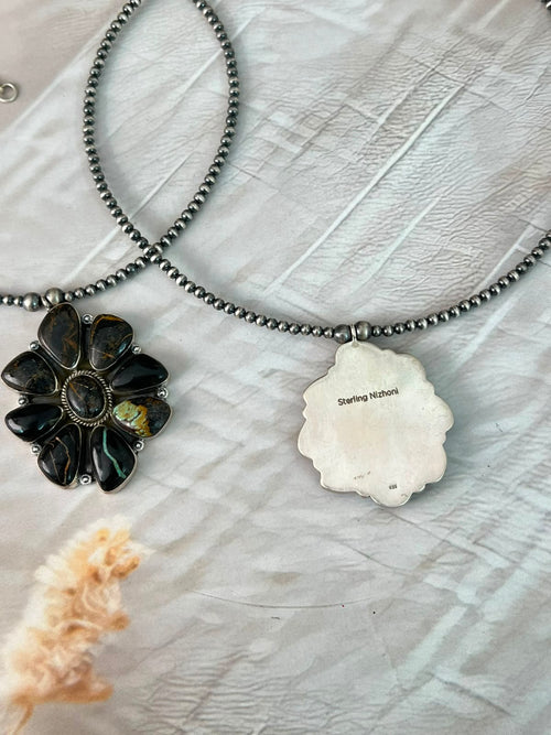 Handmade Sterling Silver Blackjack Turquoise Collection: Beaded Necklace Signed Nizhoni