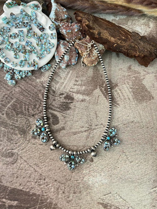 Handmade Sterling Silver 'Golden Hills Turquoise Cobble Collection' Beaded Necklace "Signed Nizhoni"
