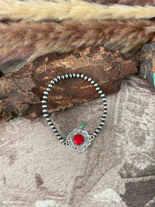 Handmade Sterling Silver Rosarita with Kingman Turquoise Cherry Stretchy Beaded Bracelet Signed Nizhoni