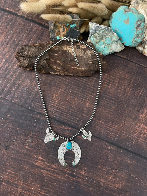 Handmade Sterling Silver Kingman Turquoise NFR Collection: Naja Beaded Necklace Signed Nizhoni