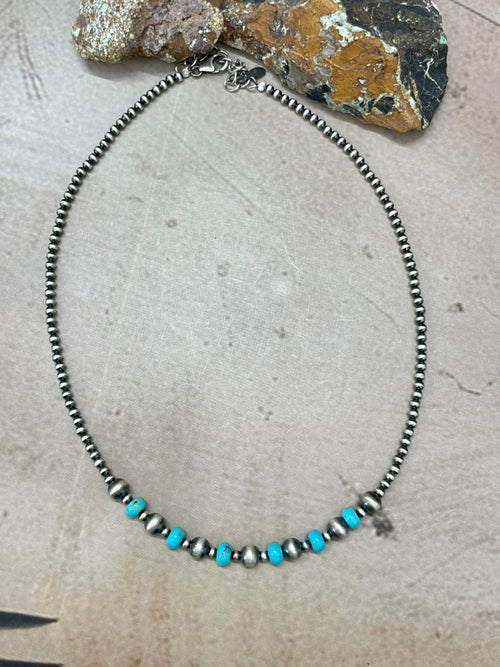 Handmade Sterling Silver Kingman Turquoise Beaded Necklace "Signed Nizhoni" (6)