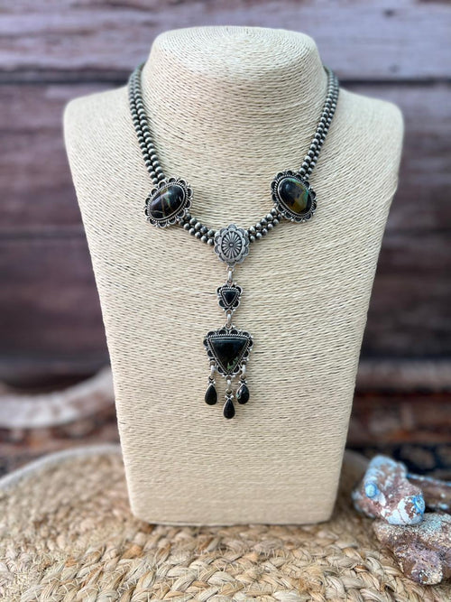 Handmade Sterling Silver Blackjack Turquoise Beaded Necklace "Signed Nizhoni"