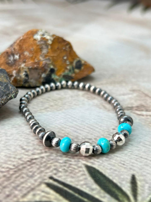 Handmade Sterling Silver Beaded Kingman Turquoise Bracelet