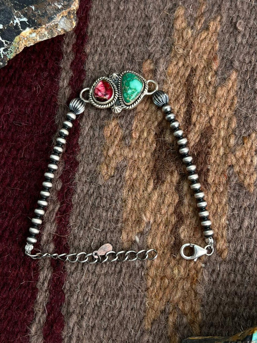 Handmade Sterling Silver Dahlia Rose with Emerald Valley Turquoise Beaded Bracelet "Signed Nizhoni"