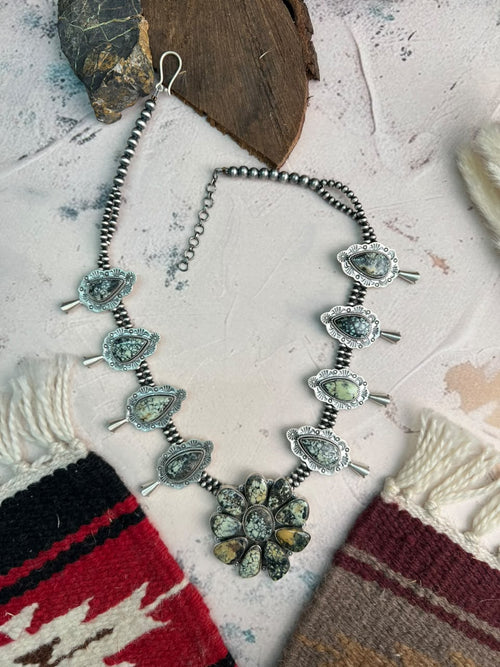 Handmade Sterling Silver Colina Verde Variscite Collection: Beaded Squash Blossom Necklace Signed Nizhoni